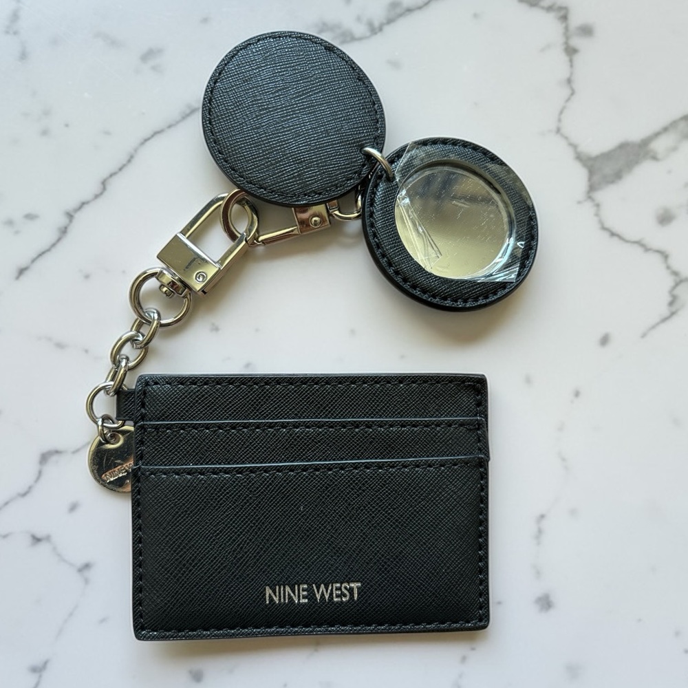 Nine West Black Saffiano Card Holder Keychain Wallet w/ Mirror Minimalist NWOT